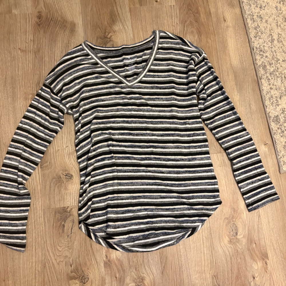 American Eagle Black, White and Blue Striped Soft & Sexy Plush Long Sleeve
